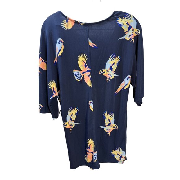 Deletta Navy Bird Print V-Neck Tunic Top With Half Sleeves Womens XS Lightweight - Picture 2 of 8